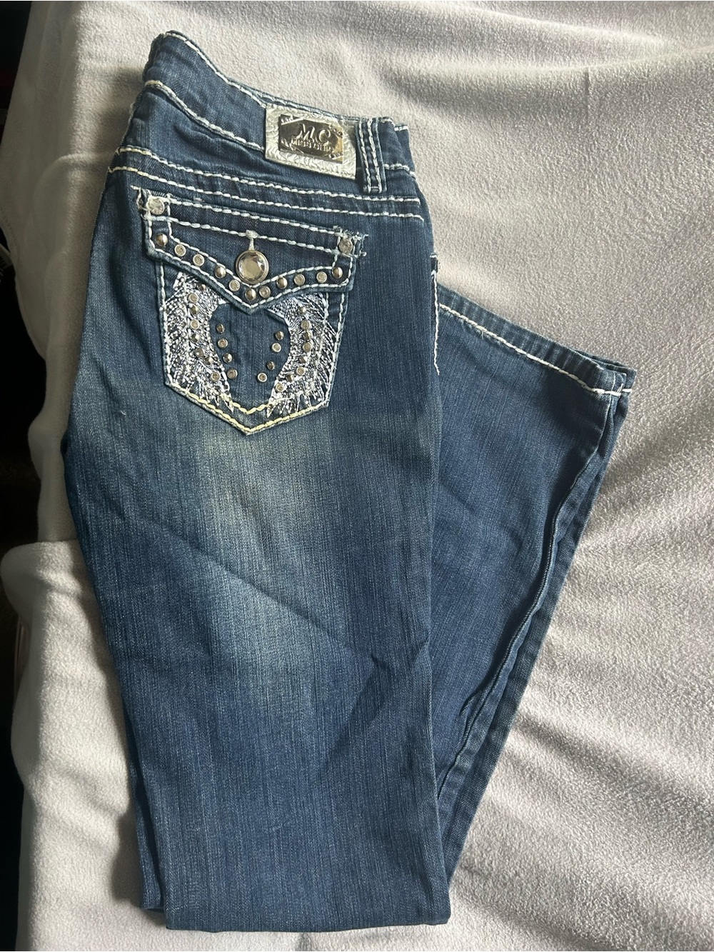 Miss Chic Bootcut Jeans Womens 7 Rhinestone Flap Pocket Y2K Western Glam